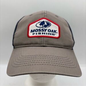 Mossy Oak Fishing Patch Men Gray/Blue Mid Profile Meshback Trucker SnapBack Hat